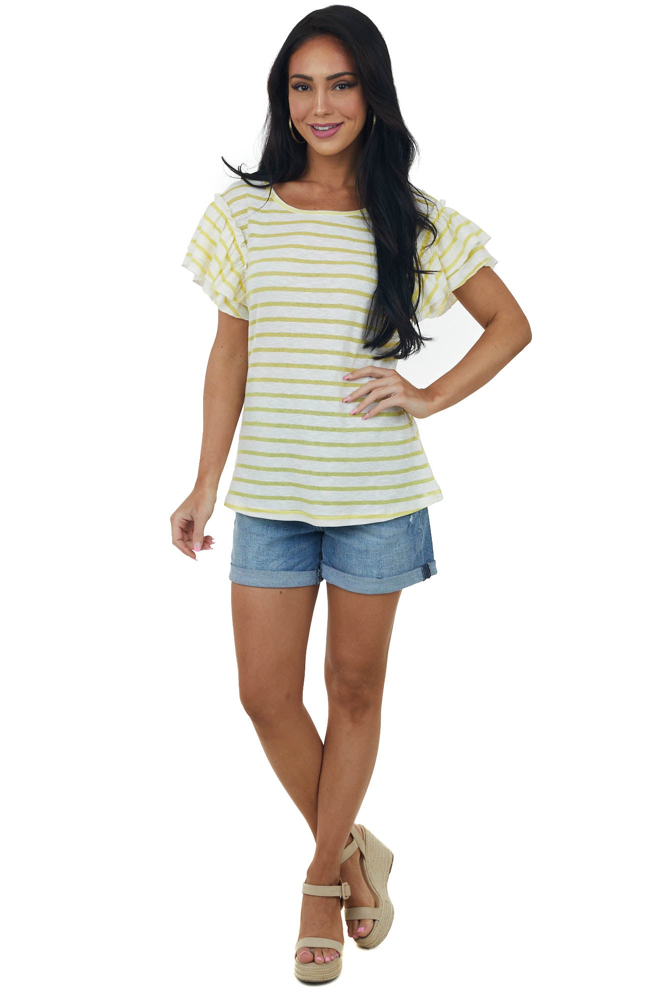 Lemon Striped Tiered Ruffle Sleeve Knit Top