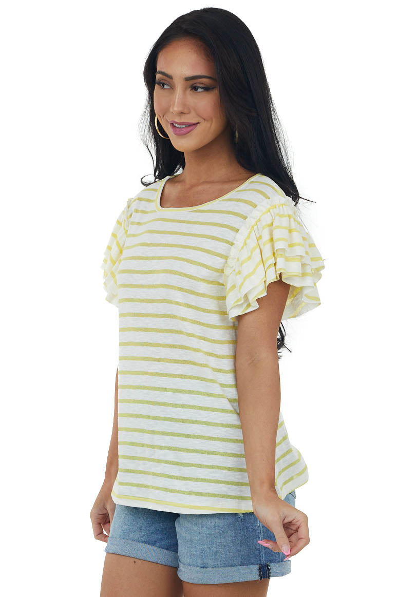 Lemon Striped Tiered Ruffle Sleeve Knit Top