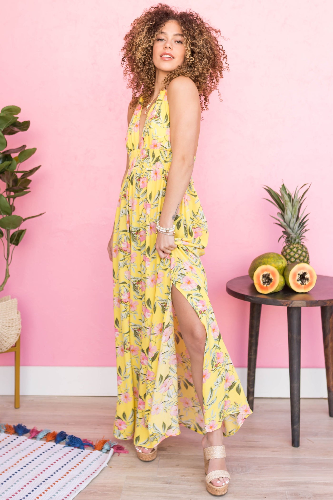 Lemon Floral V Neck Sleeveless Maxi Dress