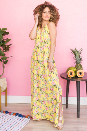 Lemon Floral V Neck Sleeveless Maxi Dress