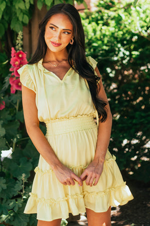 Lemon High Notch Neck Smocked Waist Mini Dress