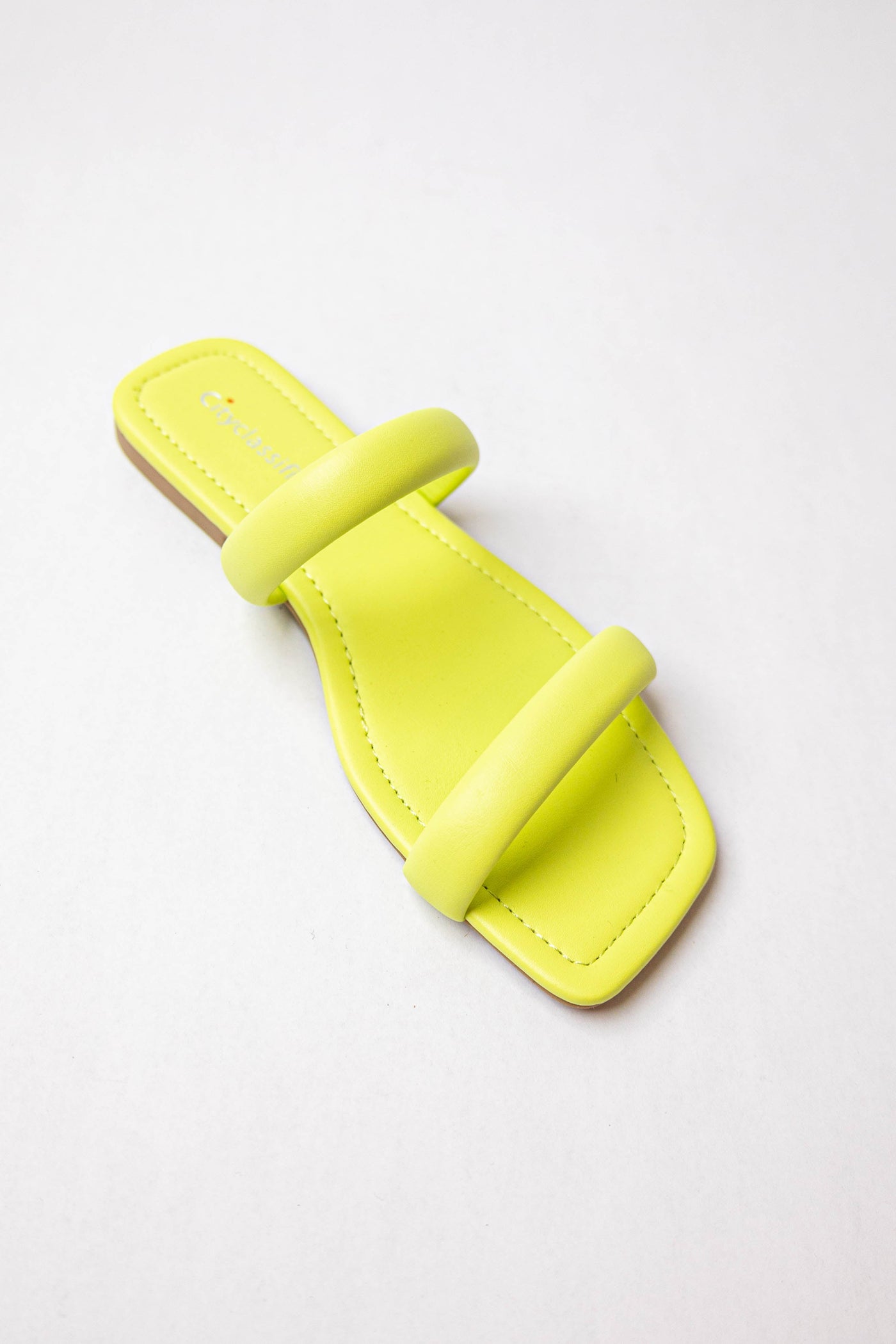 Lemon Lime Pleather Square Toe Slip On Sandals