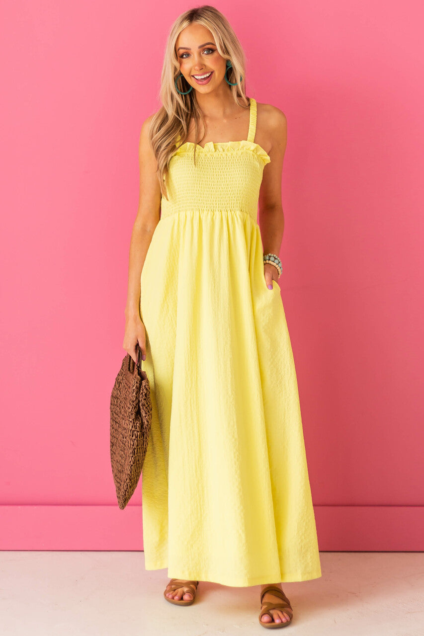 Lemon Sleeveless Smocked Ruffle Maxi Dress