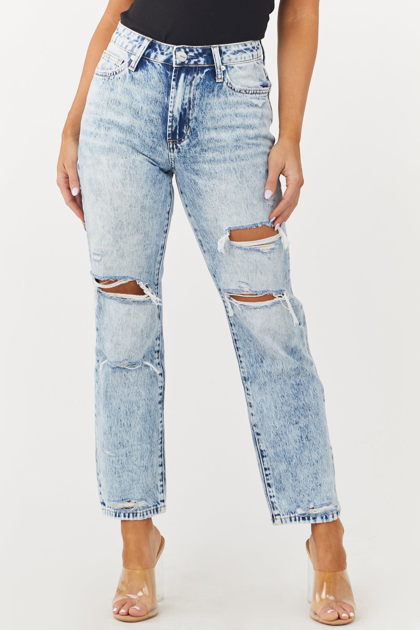 Light Acid Wash High Rise Ankle Straight Jeans