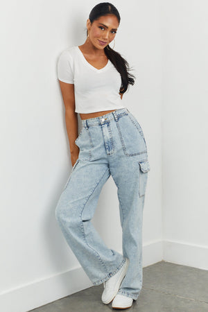 Light Acid Wash Wide Leg Cargo Pants
