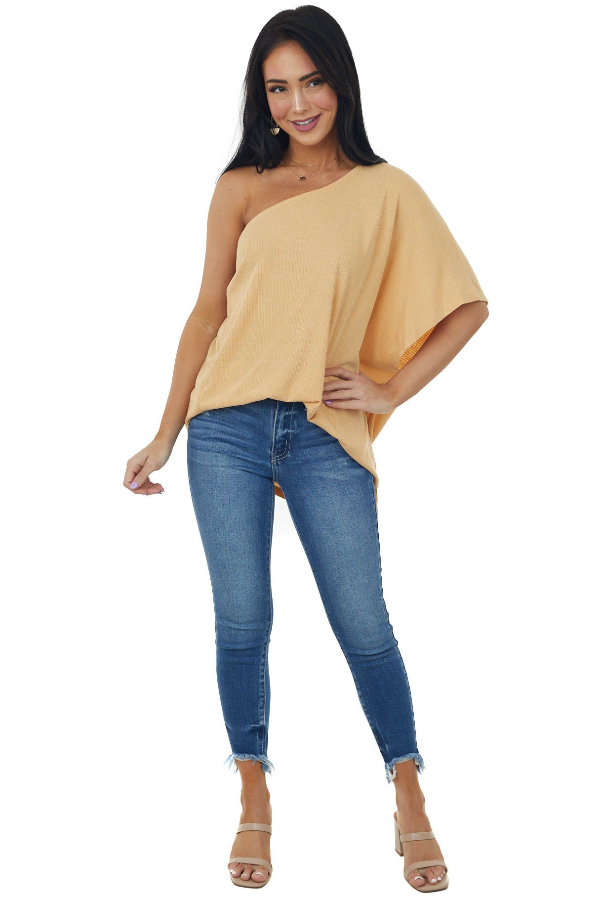Light Amber One Shoulder Textured Knit Top