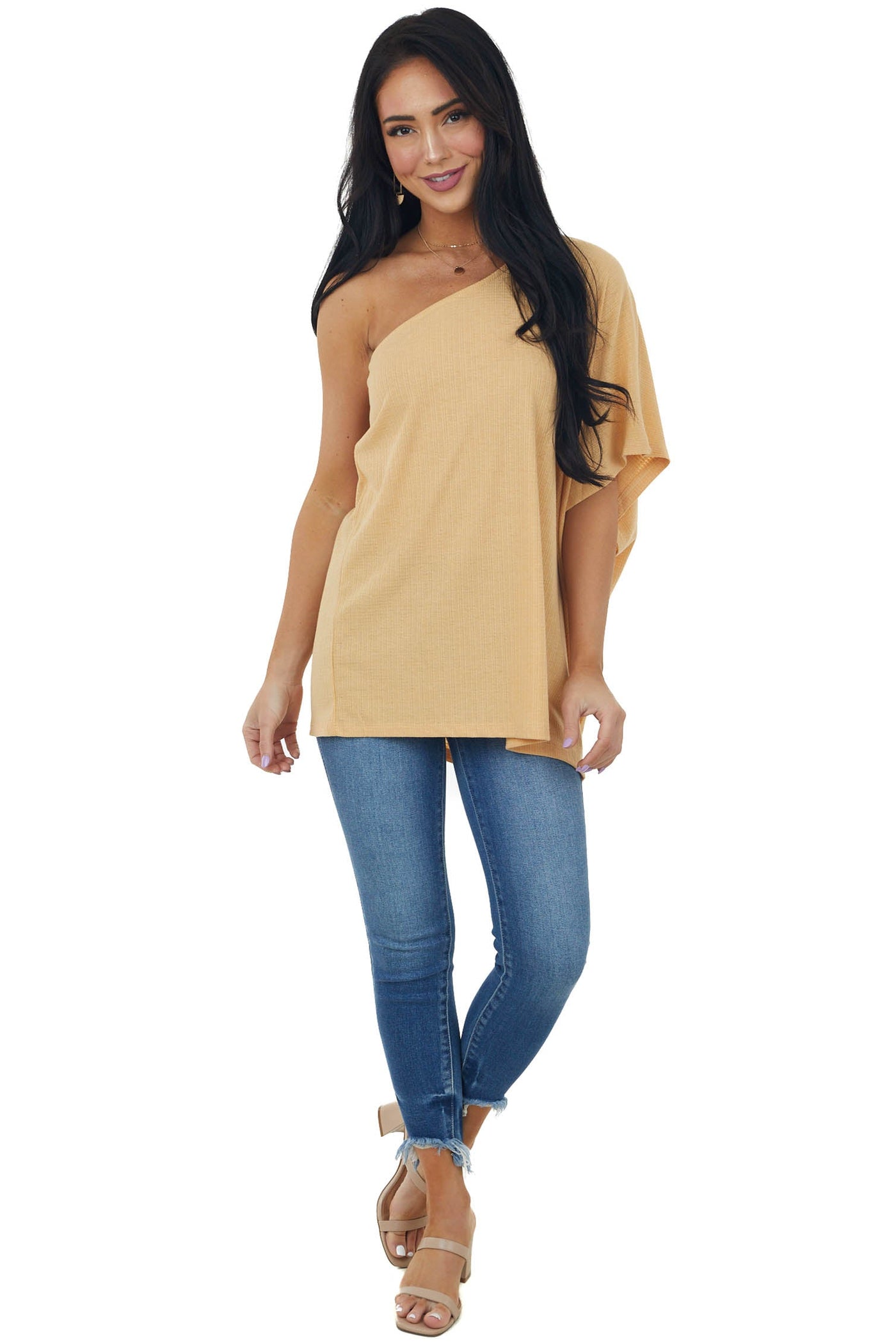 Light Amber One Shoulder Textured Knit Top