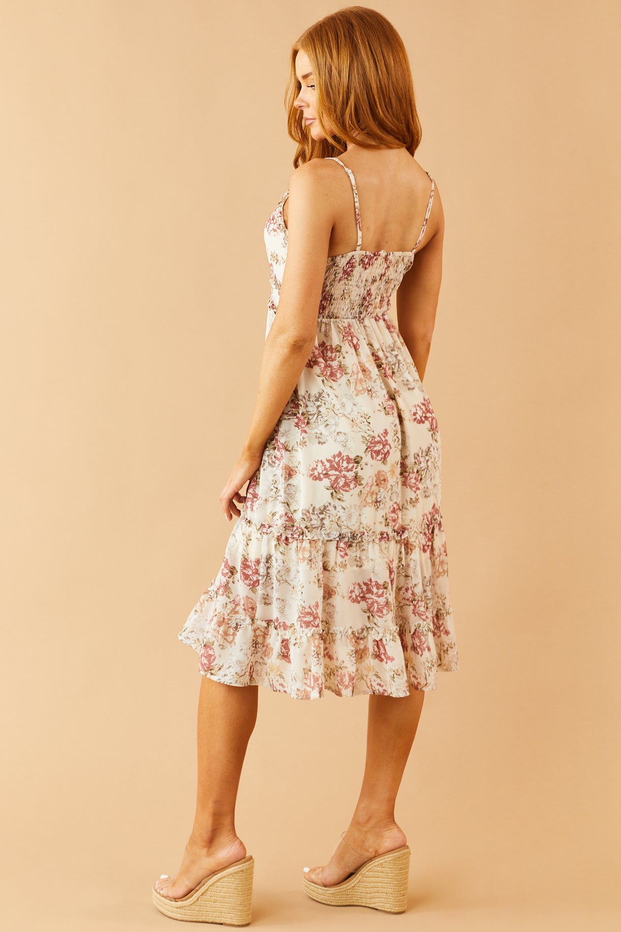 Light Beige Floral Sleeveless Frill Midi Dress