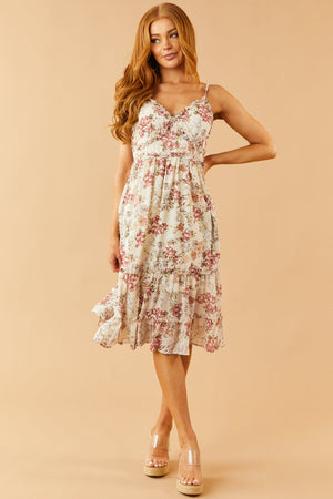 Light Beige Floral Sleeveless Frill Midi Dress