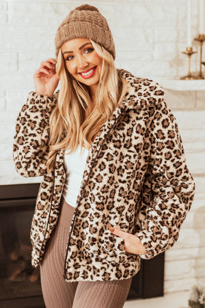 Light Beige Leopard Print Zip Up Sherpa Jacket