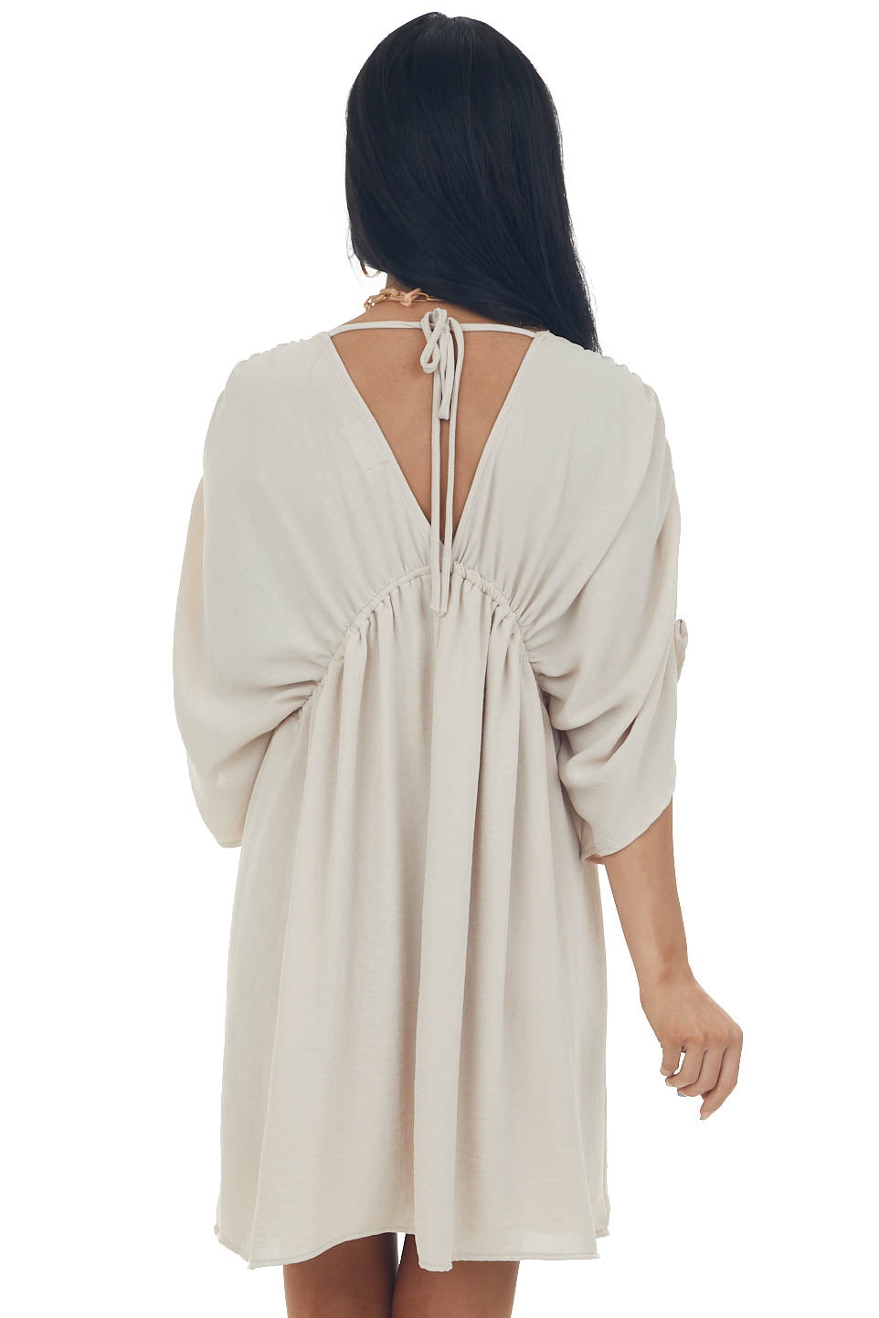 Light Beige V Neck Cinch Waist Wide Sleeve Dress