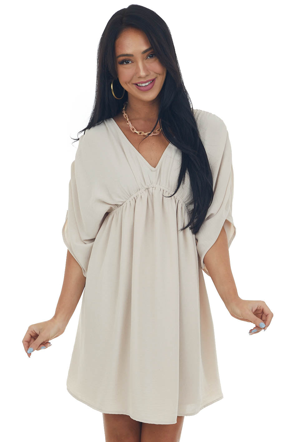 Light Beige V Neck Cinch Waist Wide Sleeve Dress