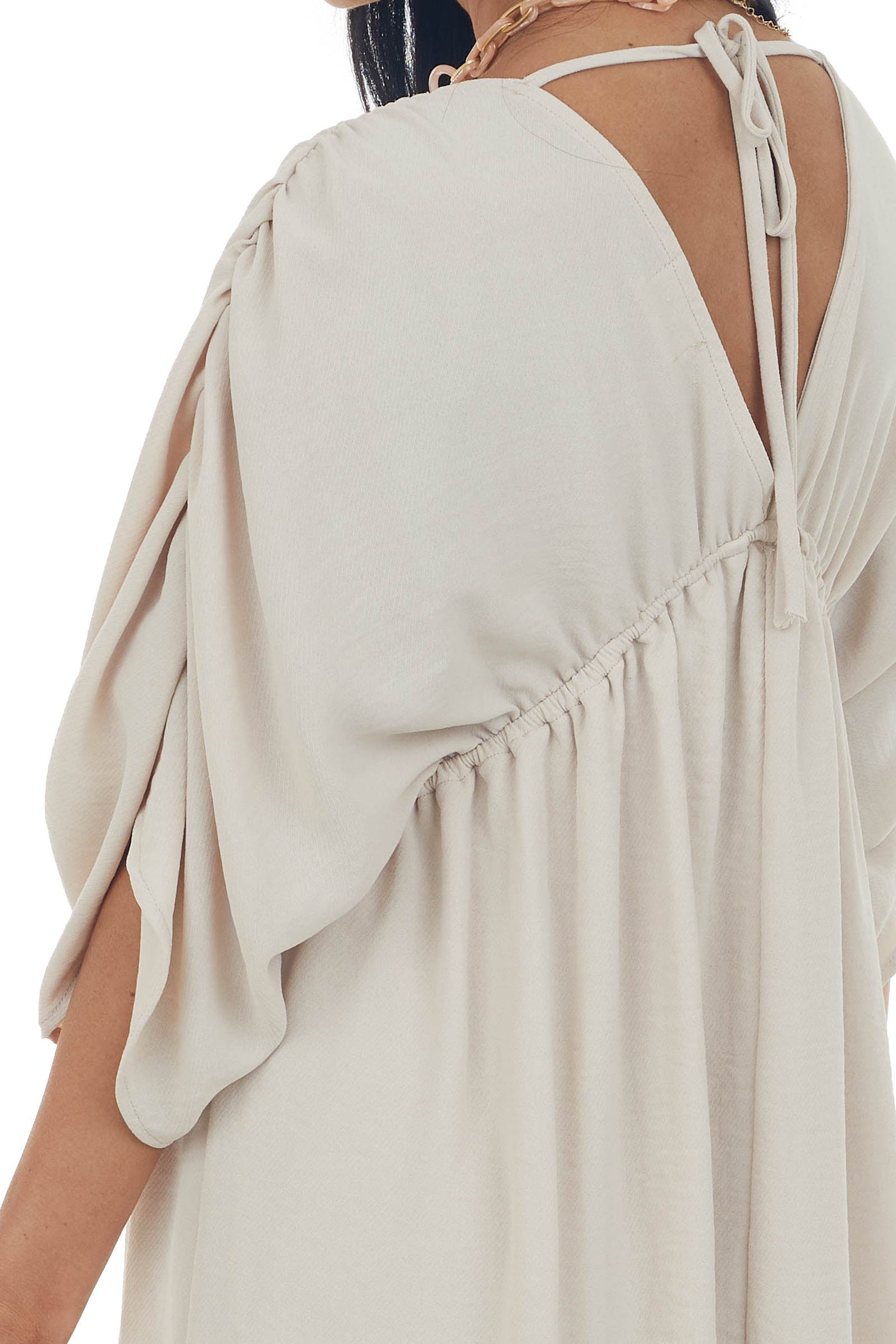 Light Beige V Neck Cinch Waist Wide Sleeve Dress