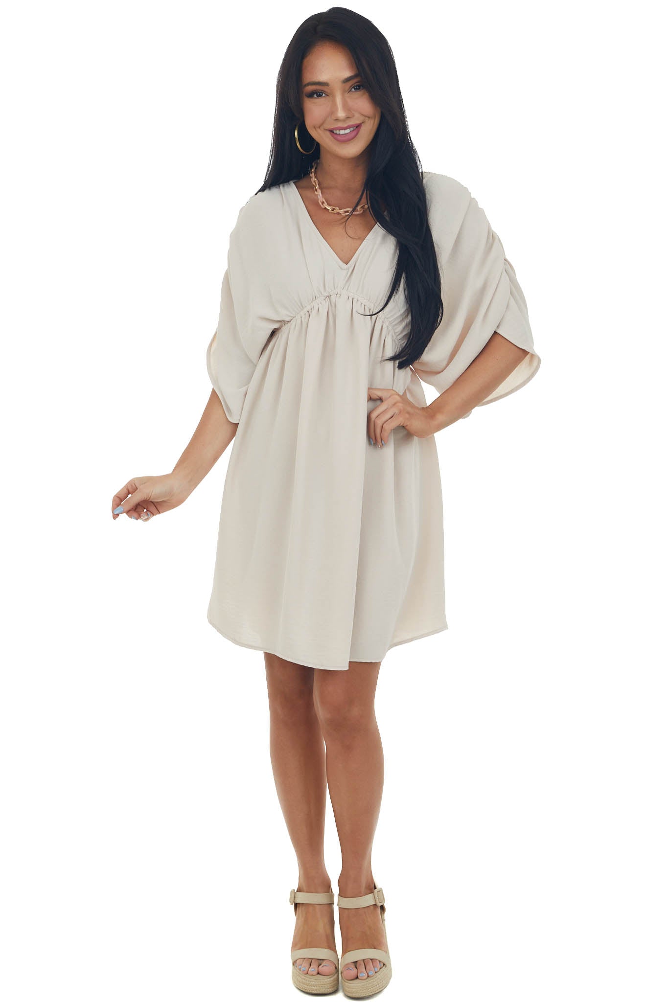 Light Beige V Neck Cinch Waist Wide Sleeve Dress