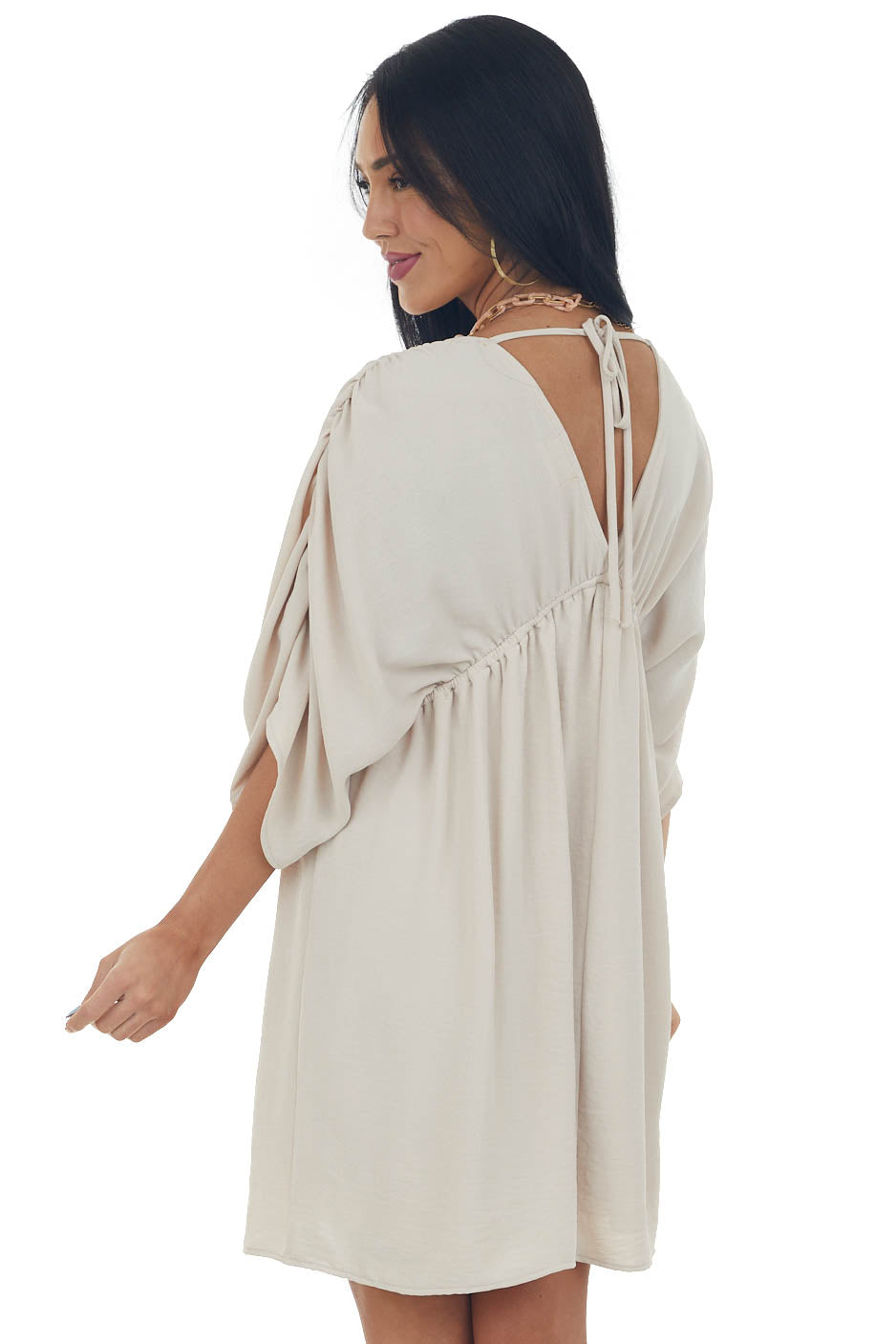 Light Beige V Neck Cinch Waist Wide Sleeve Dress