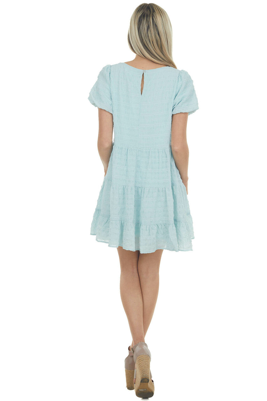 Light Blue Textured Woven Short Drop Waist Tiered Dress