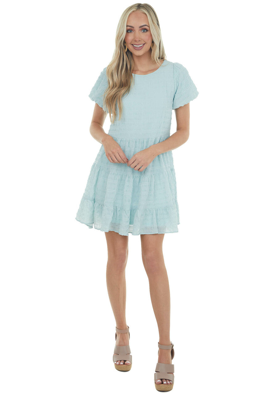 Light Blue Textured Woven Short Drop Waist Tiered Dress