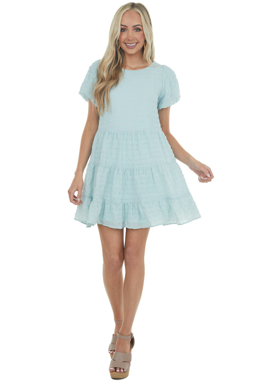 Light Blue Textured Woven Short Drop Waist Tiered Dress