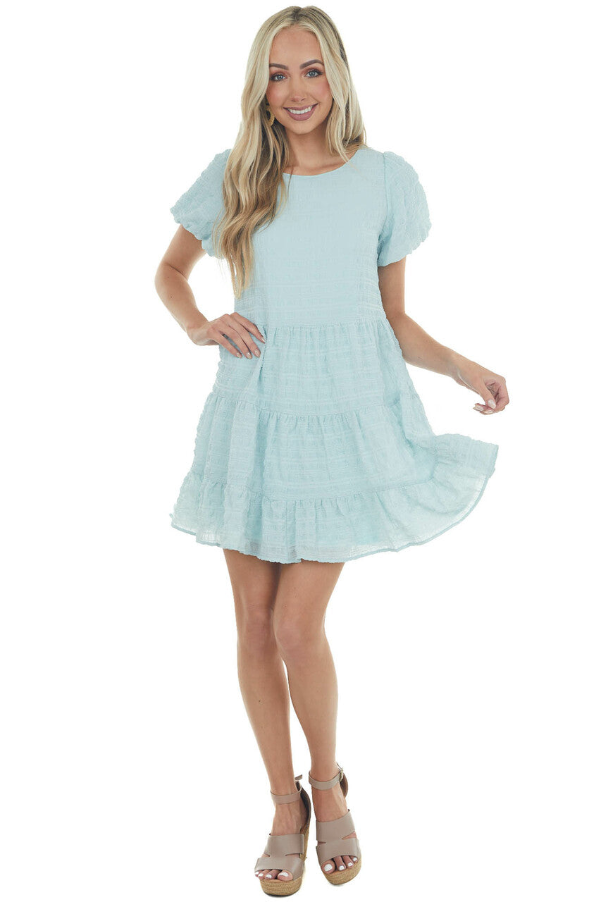 Light Blue Textured Woven Short Drop Waist Tiered Dress