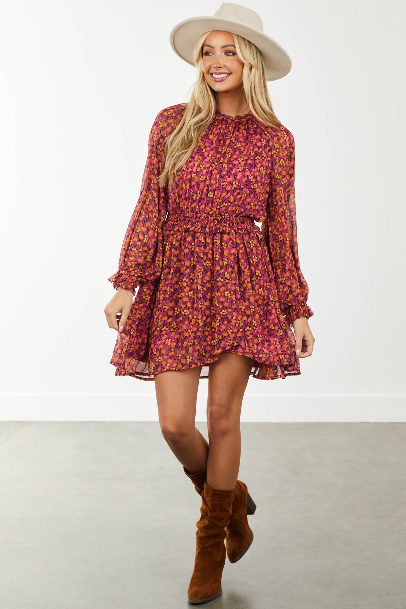 Light Boysenberry Floral Print Woven Mini Dress
