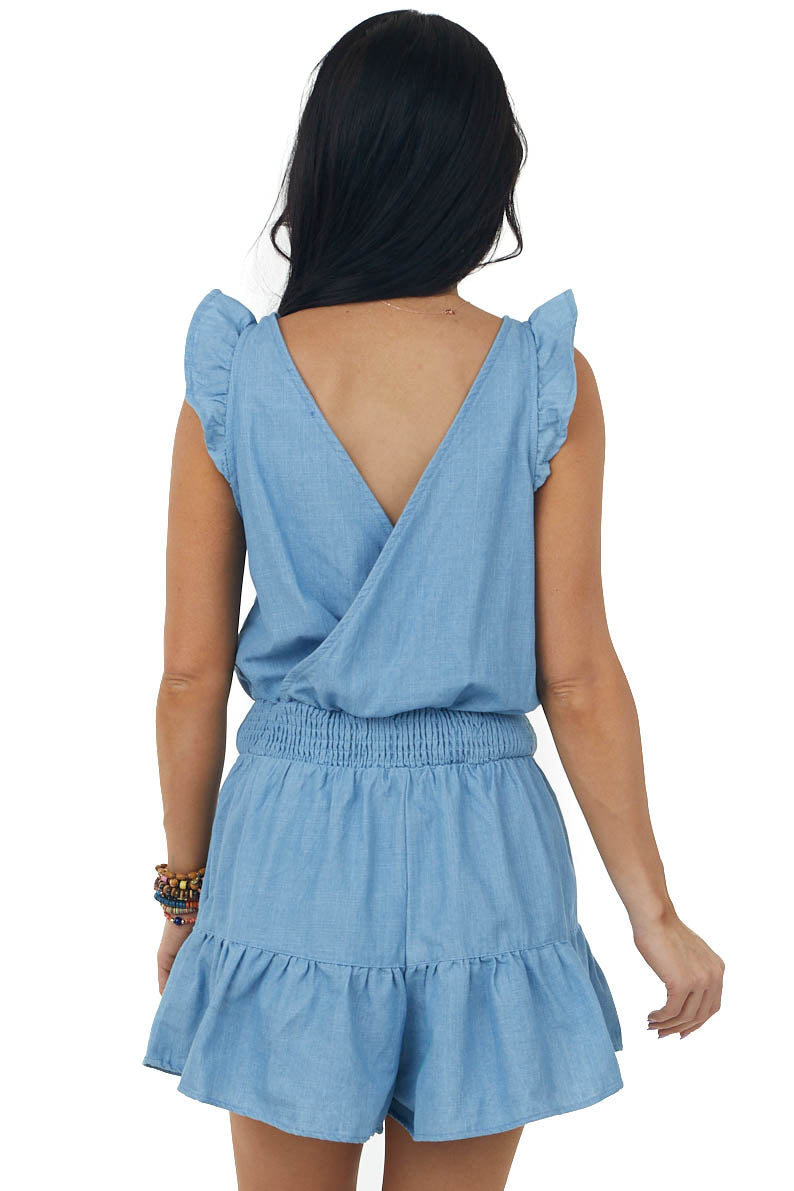 Light Chambray Surplice Smocked Waist Romper