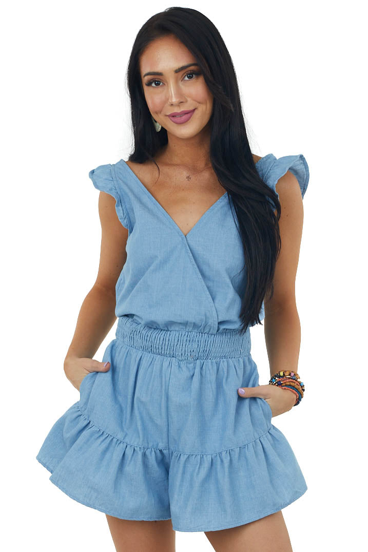 Light Chambray Surplice Smocked Waist Romper