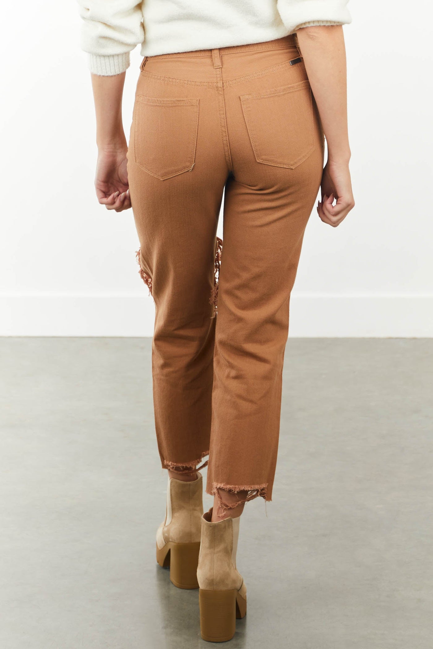 Light Cognac Distressed Knee Boyfriend Jeans