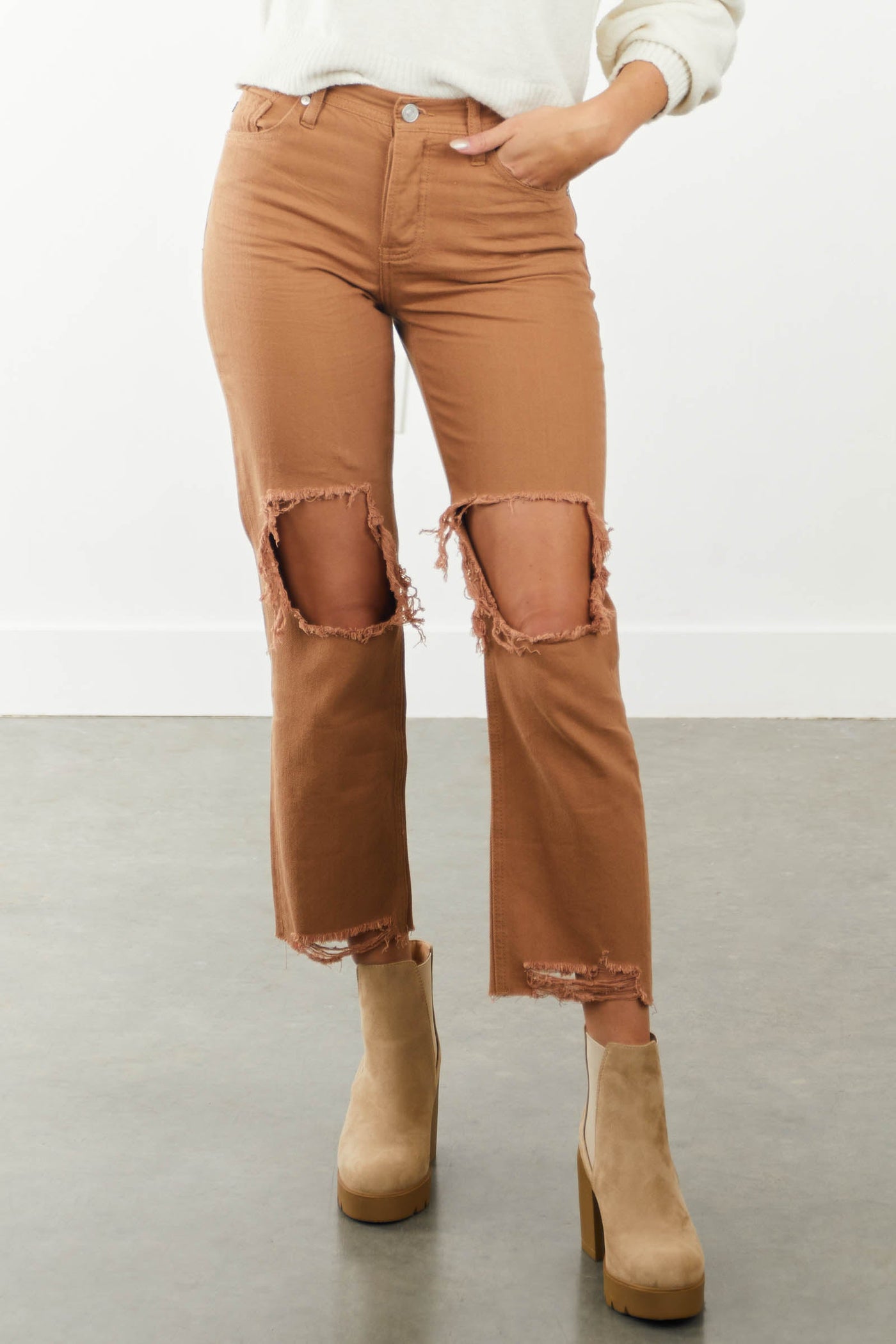 Light Cognac Distressed Knee Boyfriend Jeans