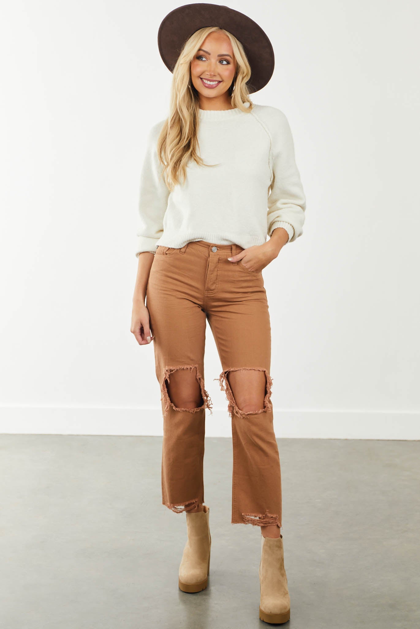 Light Cognac Distressed Knee Boyfriend Jeans