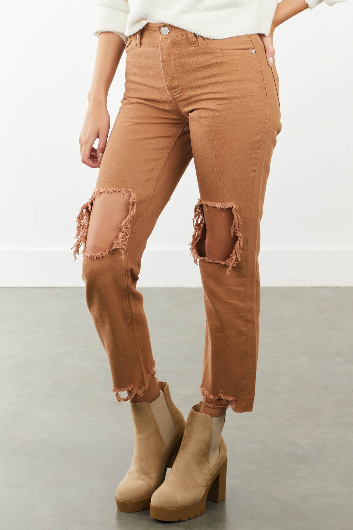 Light Cognac Distressed Knee Boyfriend Jeans