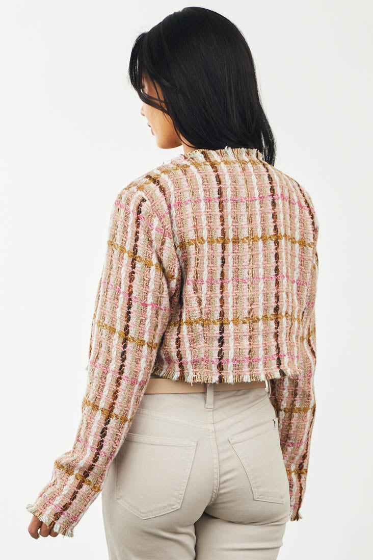 Light Coral Plaid Tweed Open Front Cropped Jacket