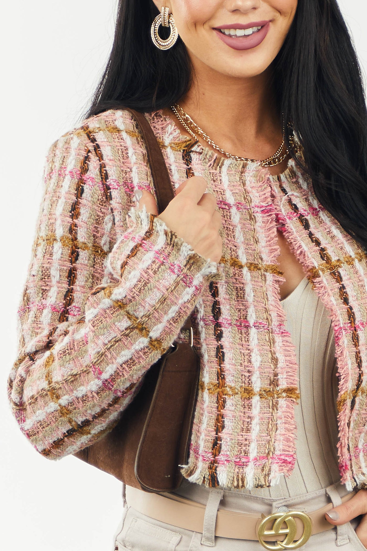 Light Coral Plaid Tweed Open Front Cropped Jacket