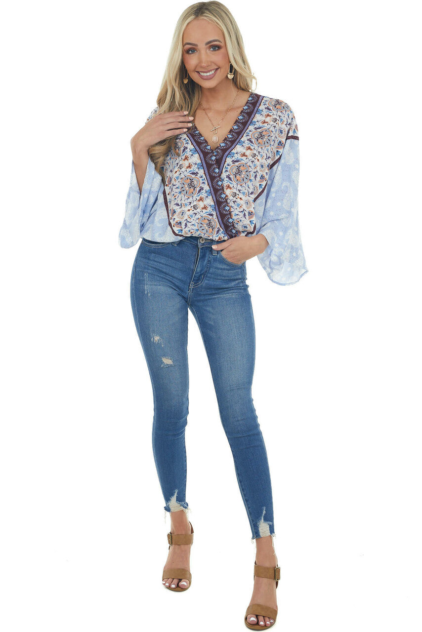 Light Cornflower Multiprint Surplice Bodysuit