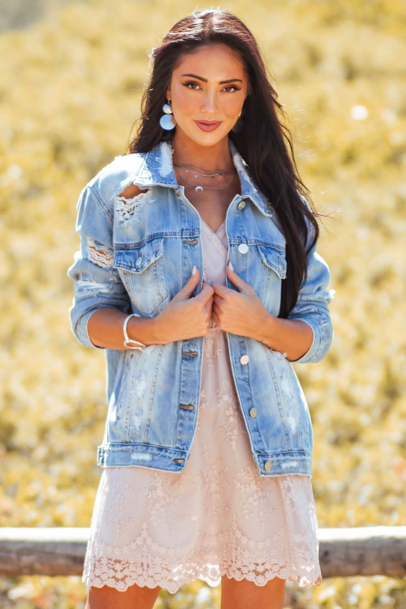 Light Denim Heavy Distressed Button Up Jacket