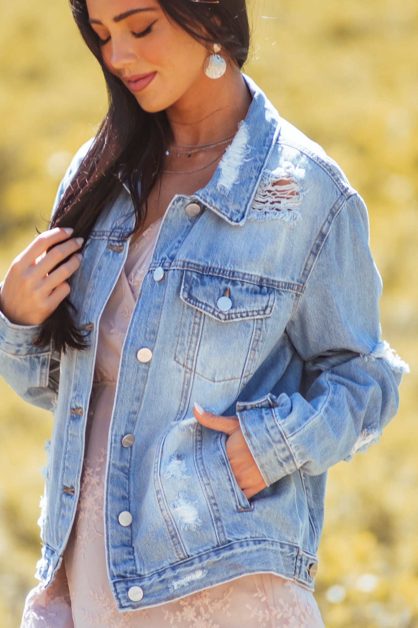 Light Denim Heavy Distressed Button Up Jacket