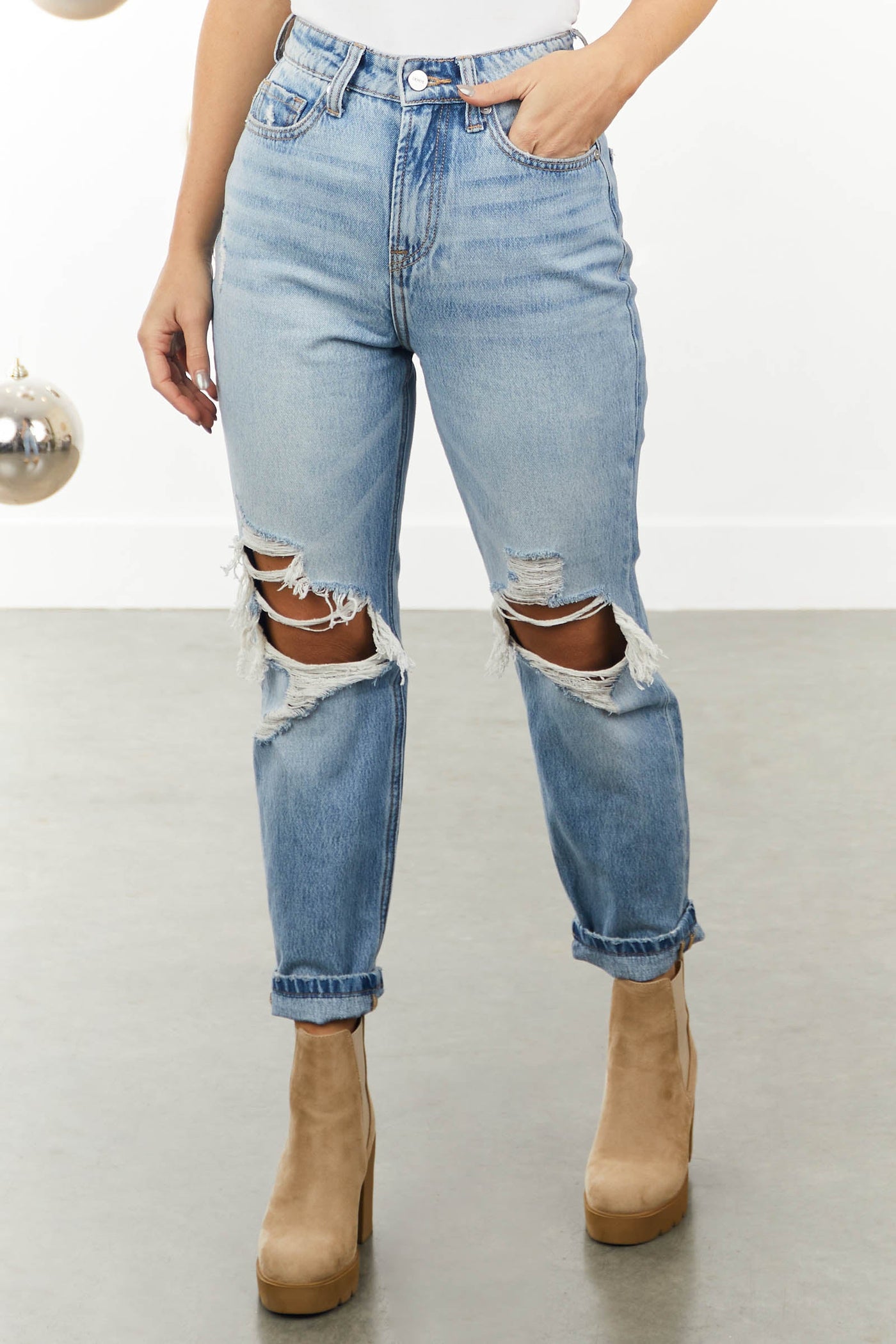 Light Denim Wash High Rise Distressed Mom Jeans