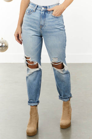 Light Denim Wash High Rise Distressed Mom Jeans