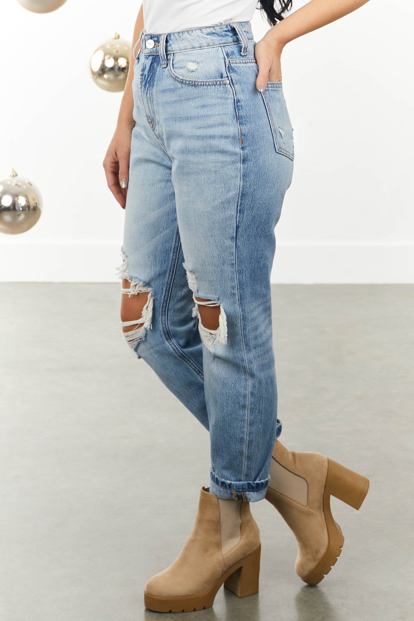 Light Denim Wash High Rise Distressed Mom Jeans
