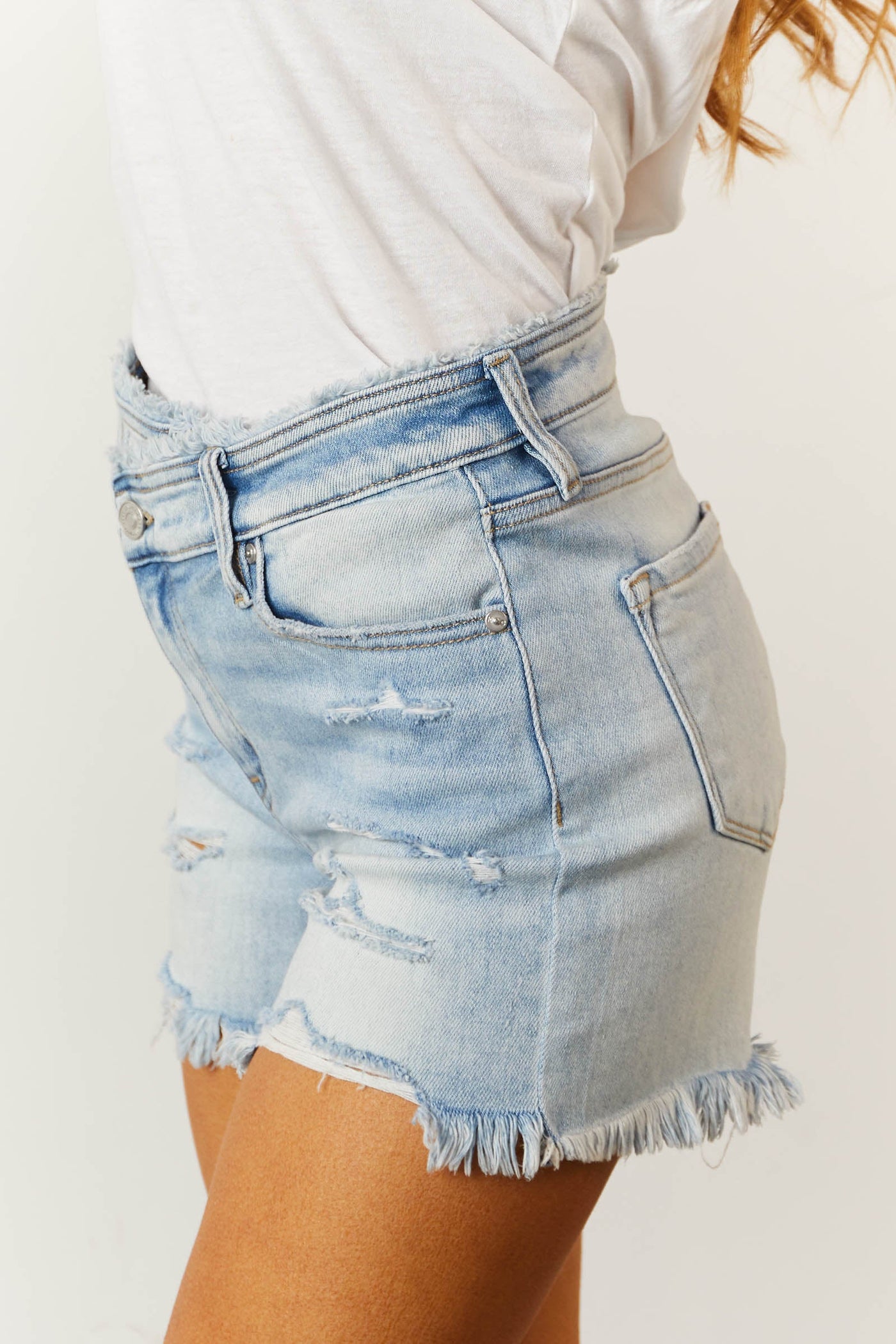 Light Distressed High Rise Crossover Bermuda Shorts