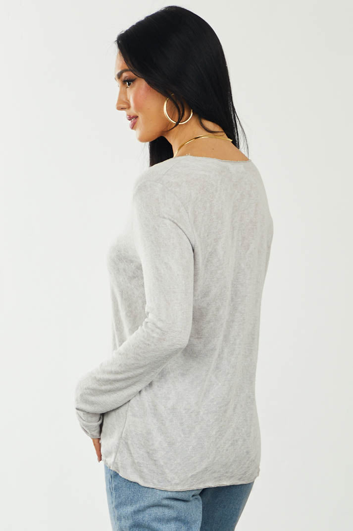 Light Grey Slub Knit Long Sleeve V Neck Top