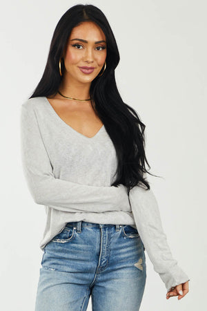 Light Grey Slub Knit Long Sleeve V Neck Top