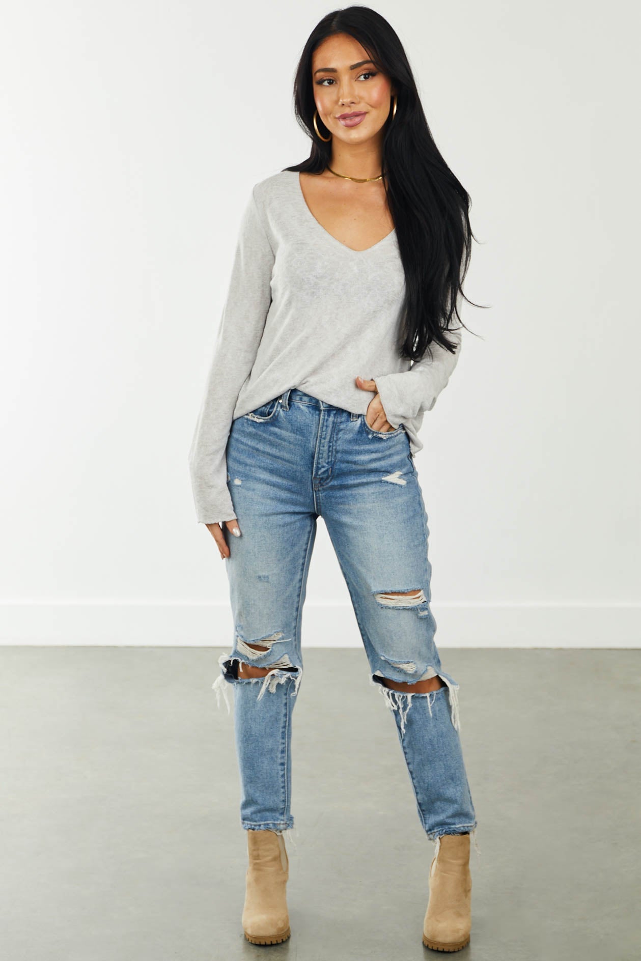 Light Grey Slub Knit Long Sleeve V Neck Top