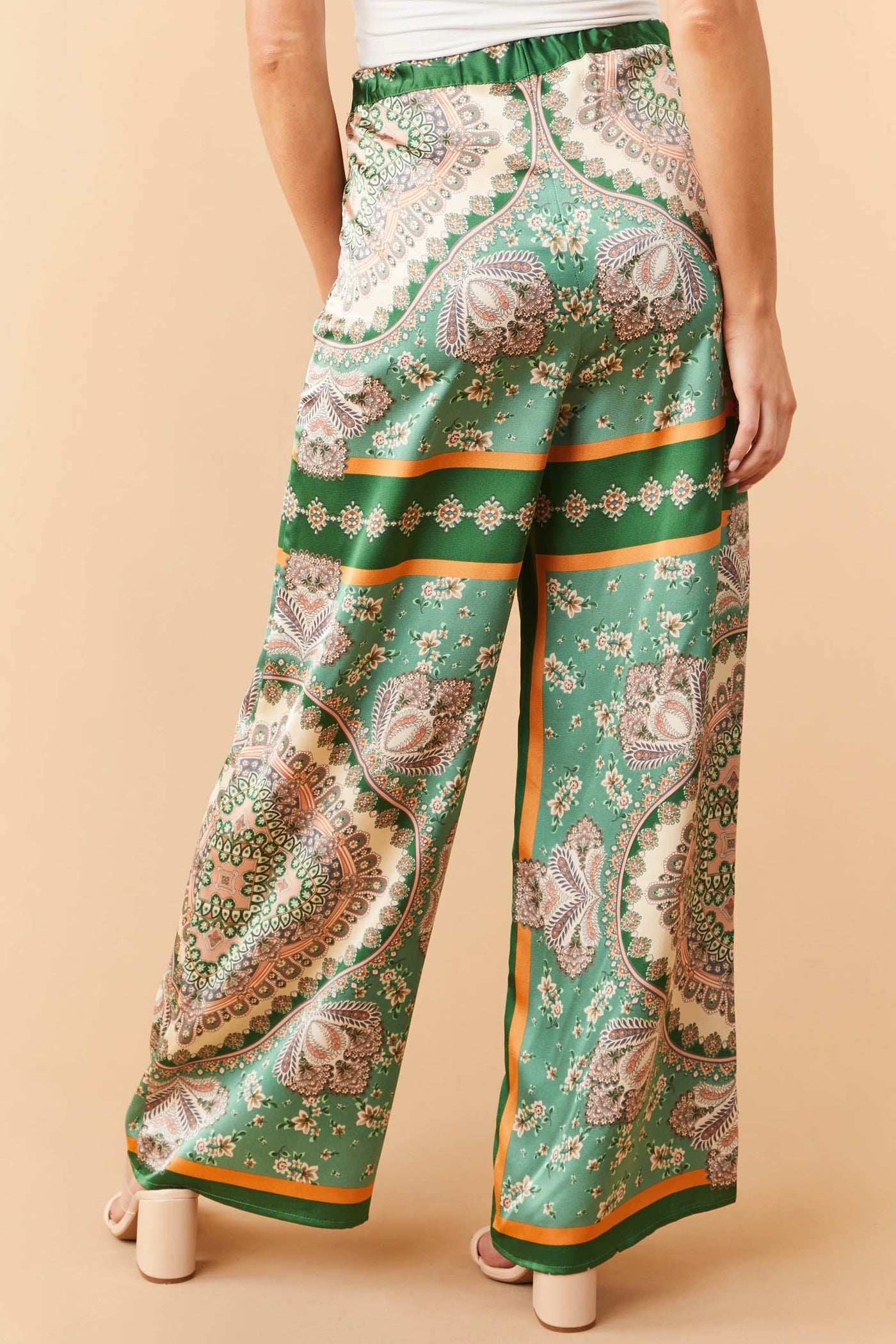 Light Hunter Green Printed Wide Leg Satin Pants