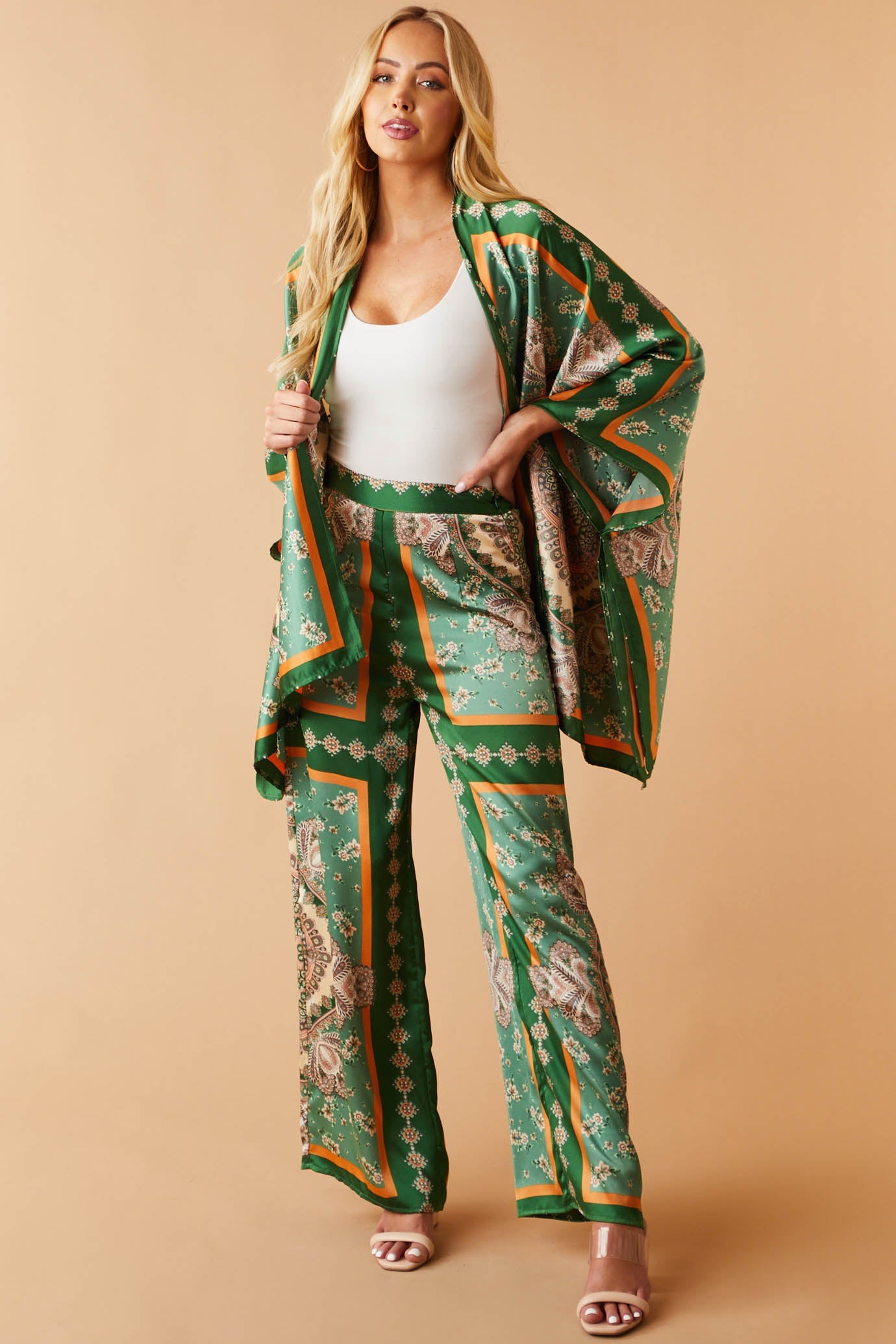 Light Hunter Green Printed Wide Leg Satin Pants