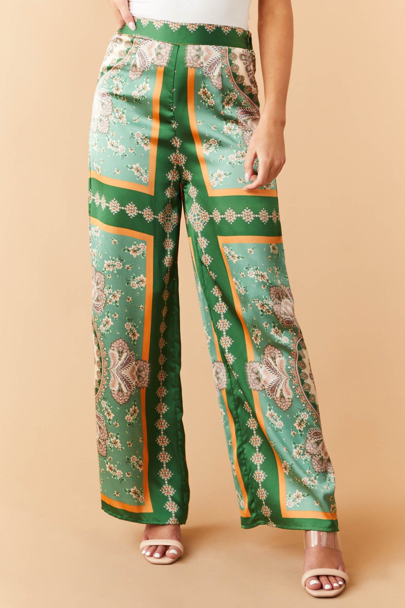 Light Hunter Green Printed Wide Leg Satin Pants