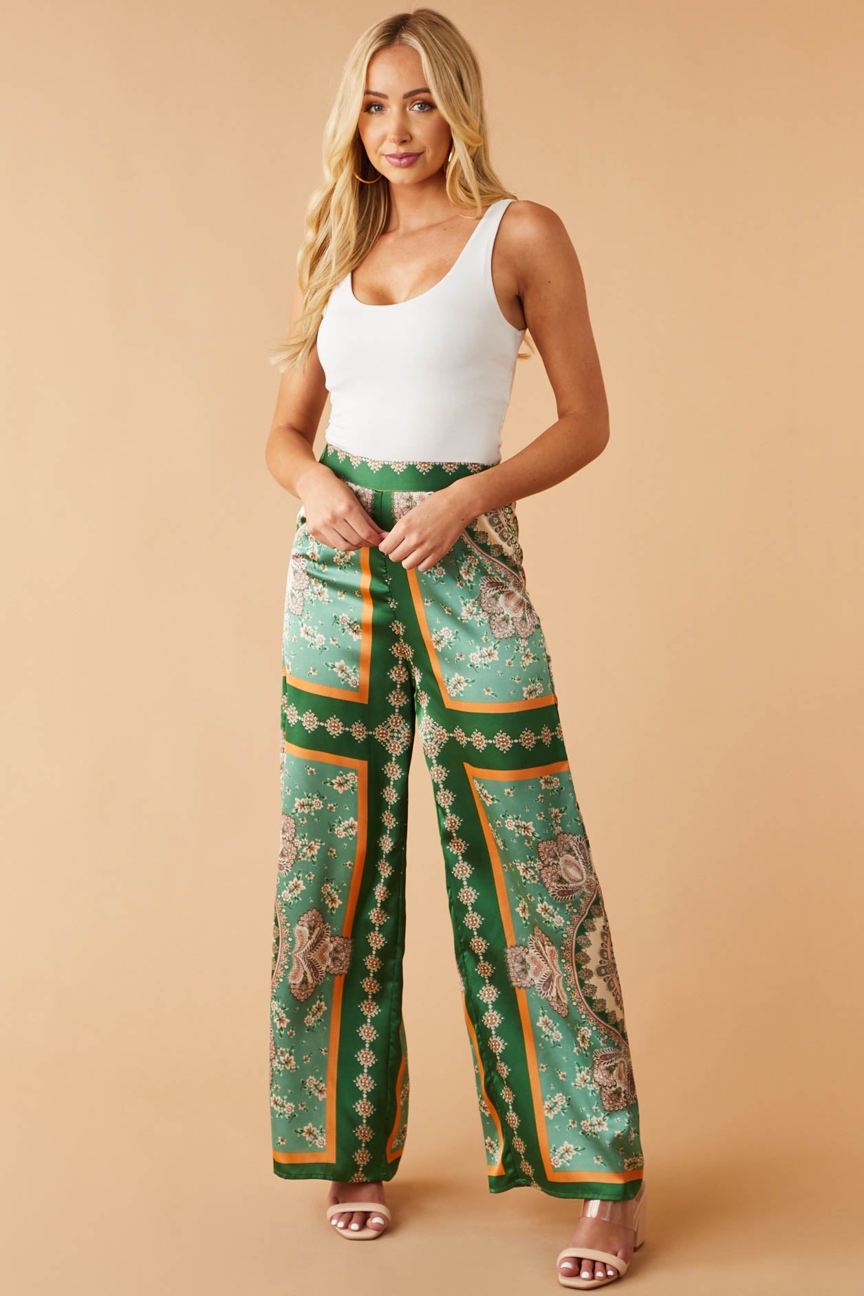 Light Hunter Green Printed Wide Leg Satin Pants