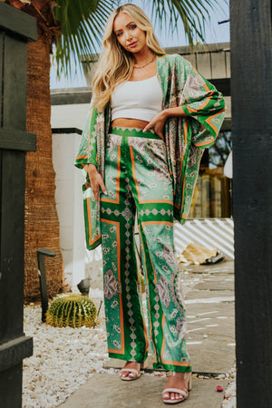 Light Hunter Green Printed Wide Leg Satin Pants