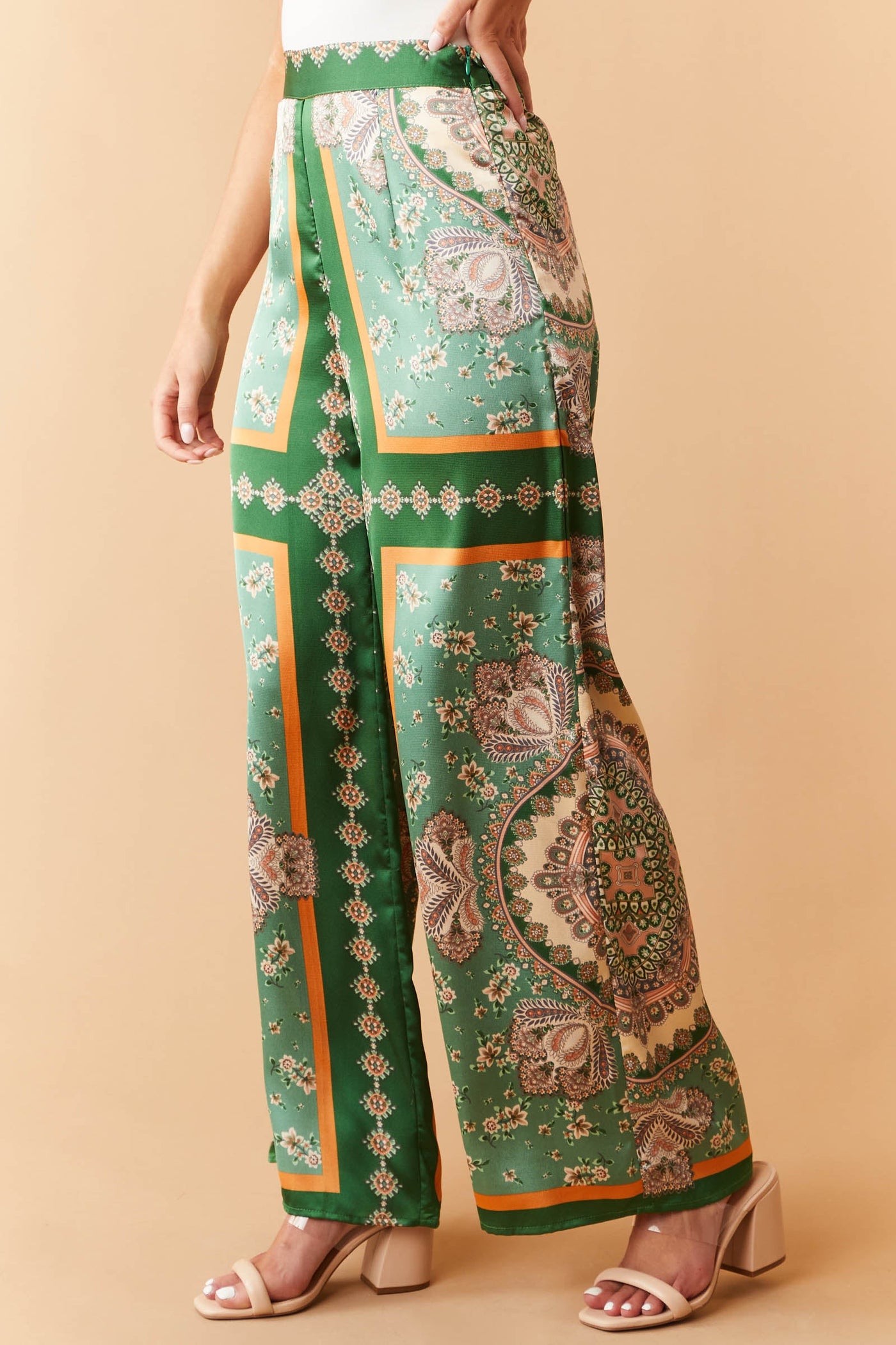 Light Hunter Green Printed Wide Leg Satin Pants