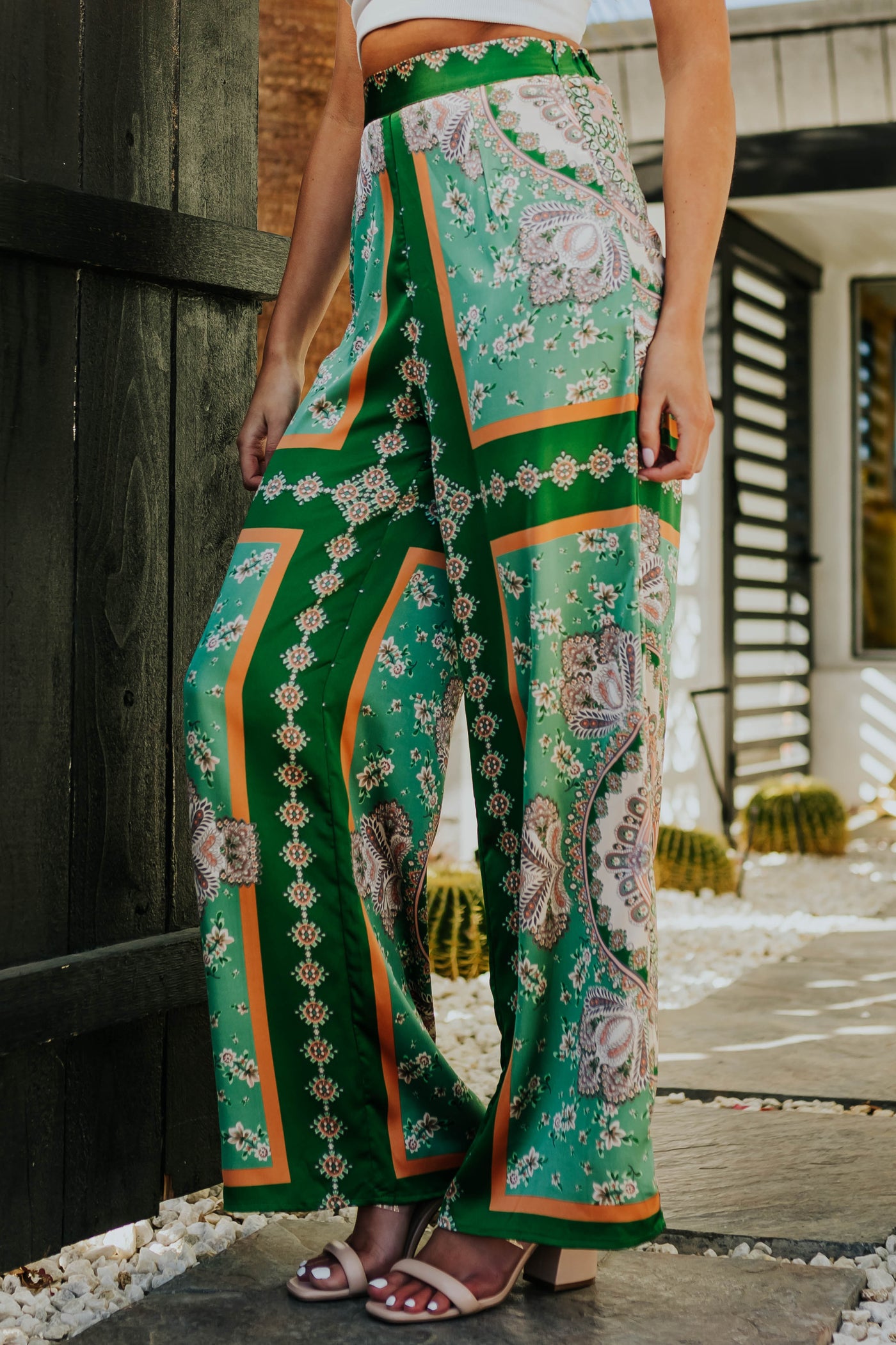Light Hunter Green Printed Wide Leg Satin Pants