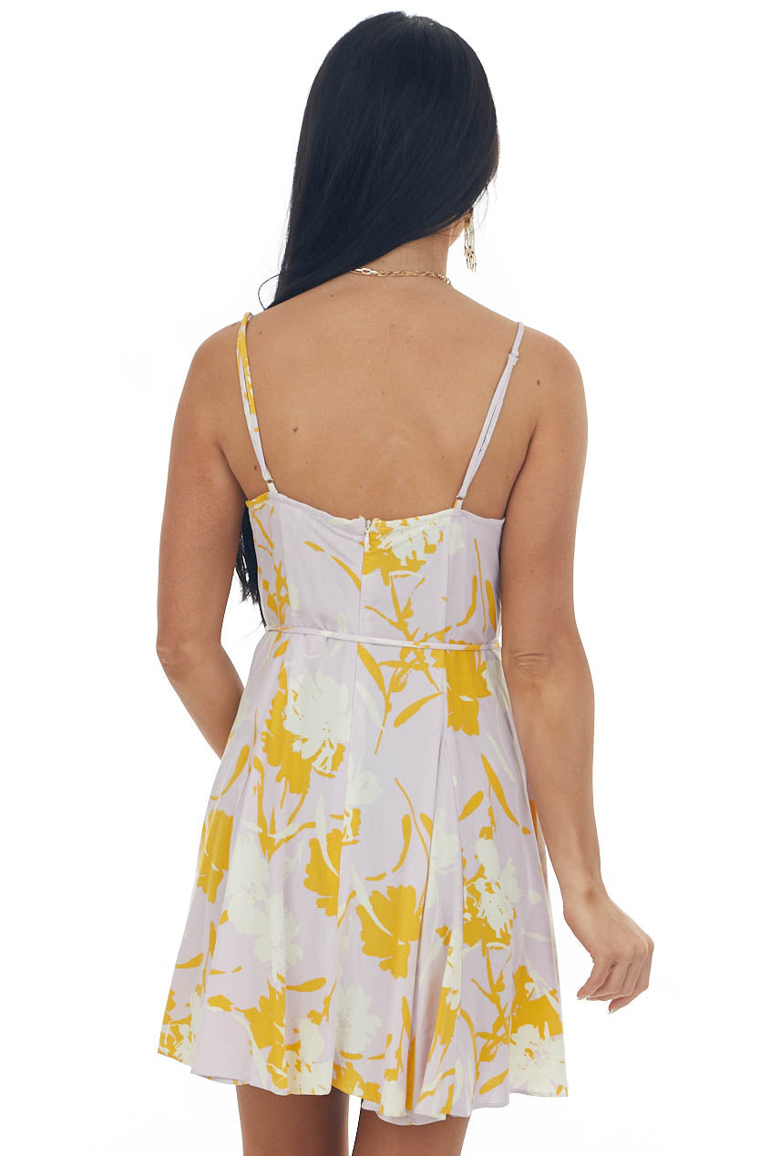 Light Iris Floral Waist Tie V Neck Mini Dress